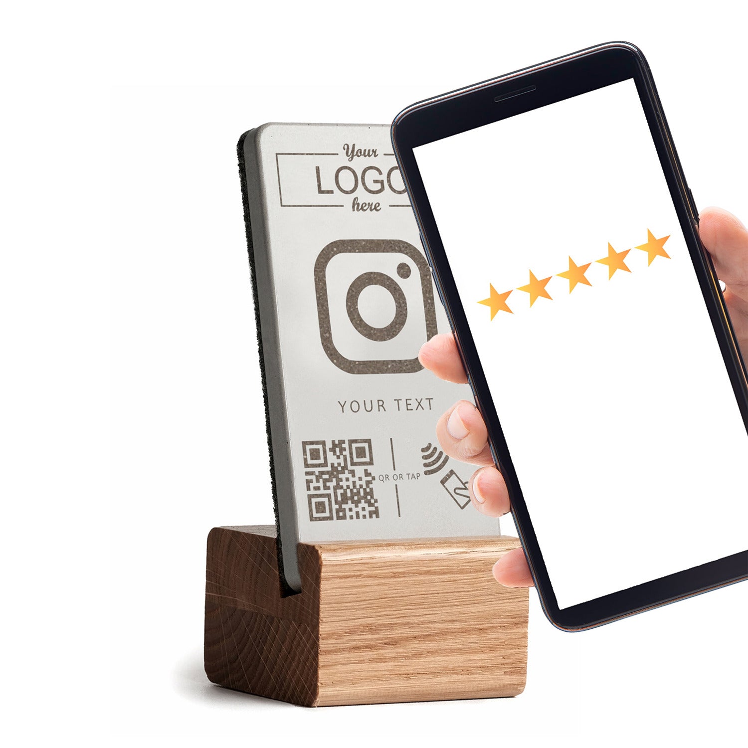 Ganz leicht Instagram Follower sammeln: Handy an den brique NFC Aufsteller halten und mit dem Instagram Account verbinden. Fügen Sie Ihr Logo hinzu.