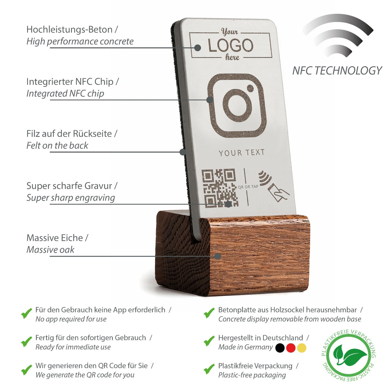 Umfassende Produktübersicht über die Eigenschaften des NFC Aufstellers von brique, dem Marketingtool aus Beton und Eiche.