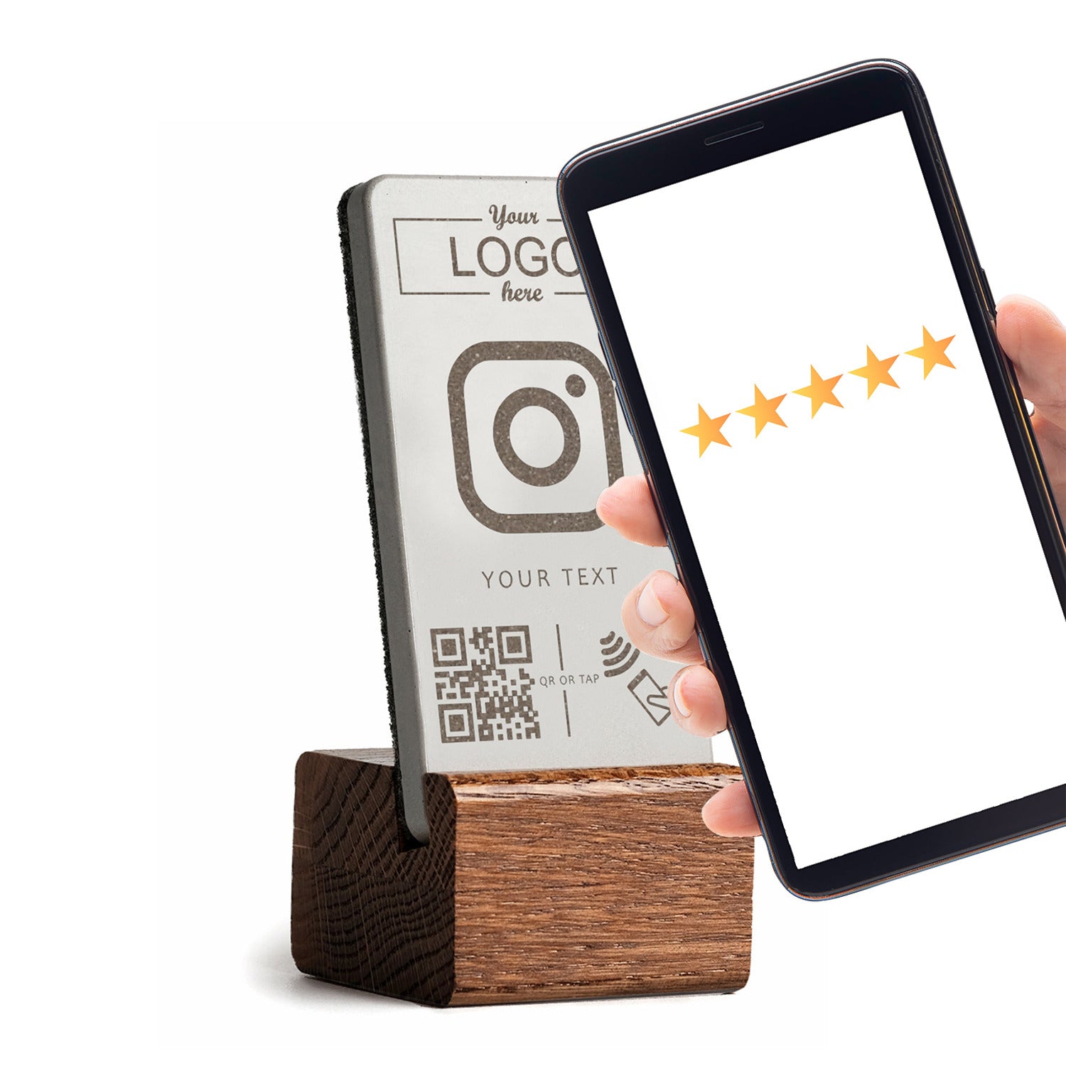 Ganz leicht Instagram Follower sammeln: Handy an den brique NFC Aufsteller halten und mit dem Instagram Profil verbinden. Mit Logo personalisierbar.