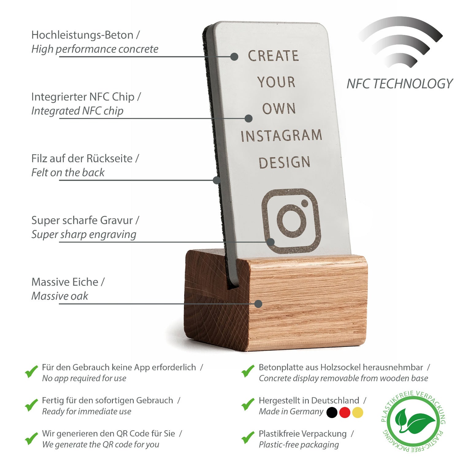 Umfassende Produktübersicht über die Eigenschaften des NFC Aufstellers von brique, dem Marketingtool aus Beton und Eiche.