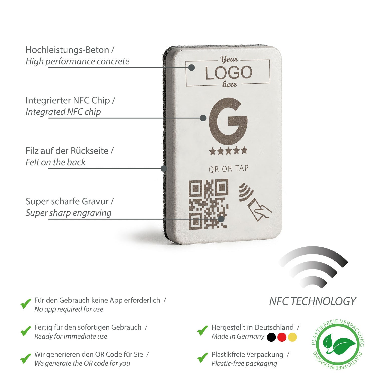 Umfassende Produktübersicht über die Eigenschaften des NFC Aufstellers von brique, dem Marketingtool aus Beton und Eiche.