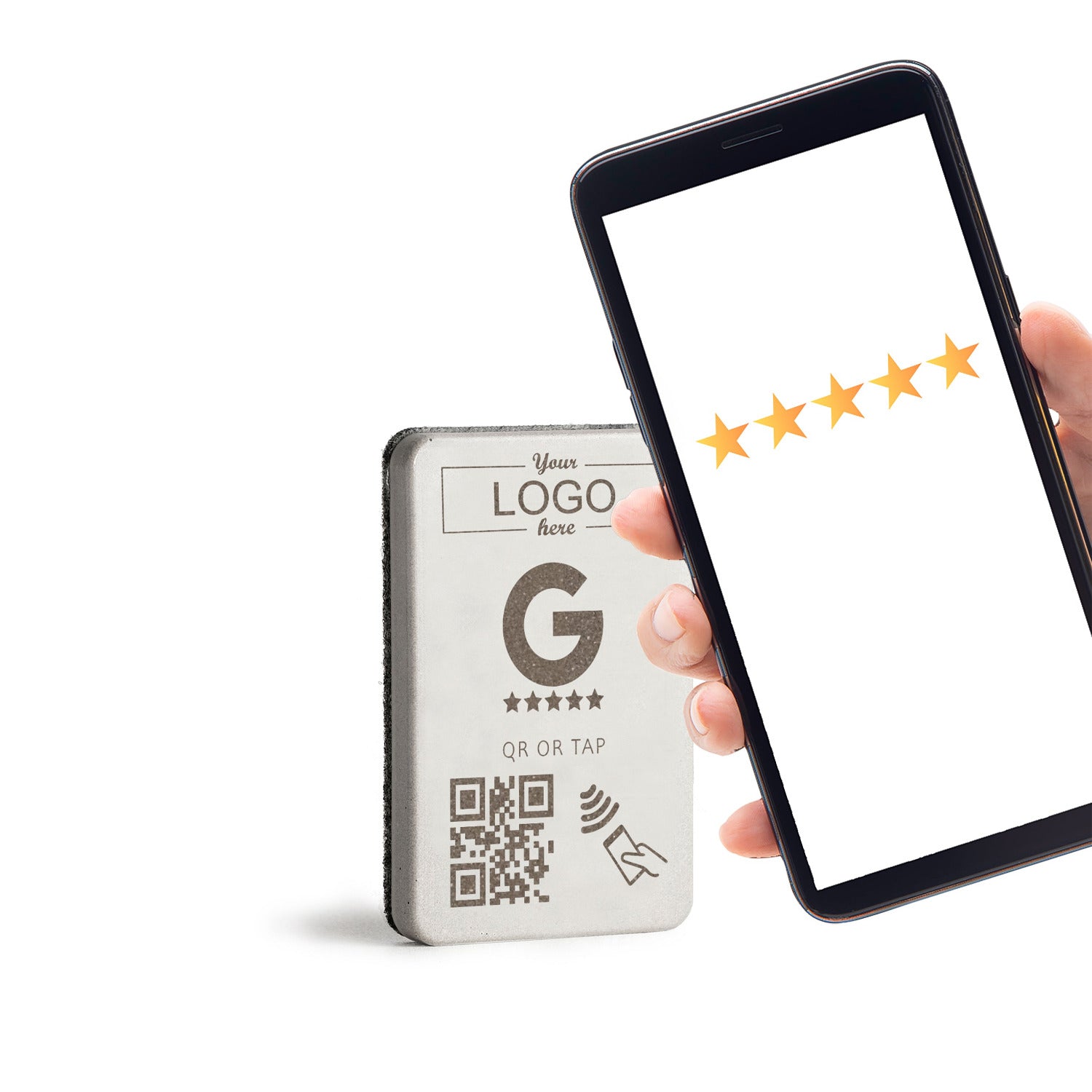 Smartphone an den brique Google NFC Bewertung Aufsteller halten und es öffnet sich die Google Review Page. Mit Logo personalisierbar.