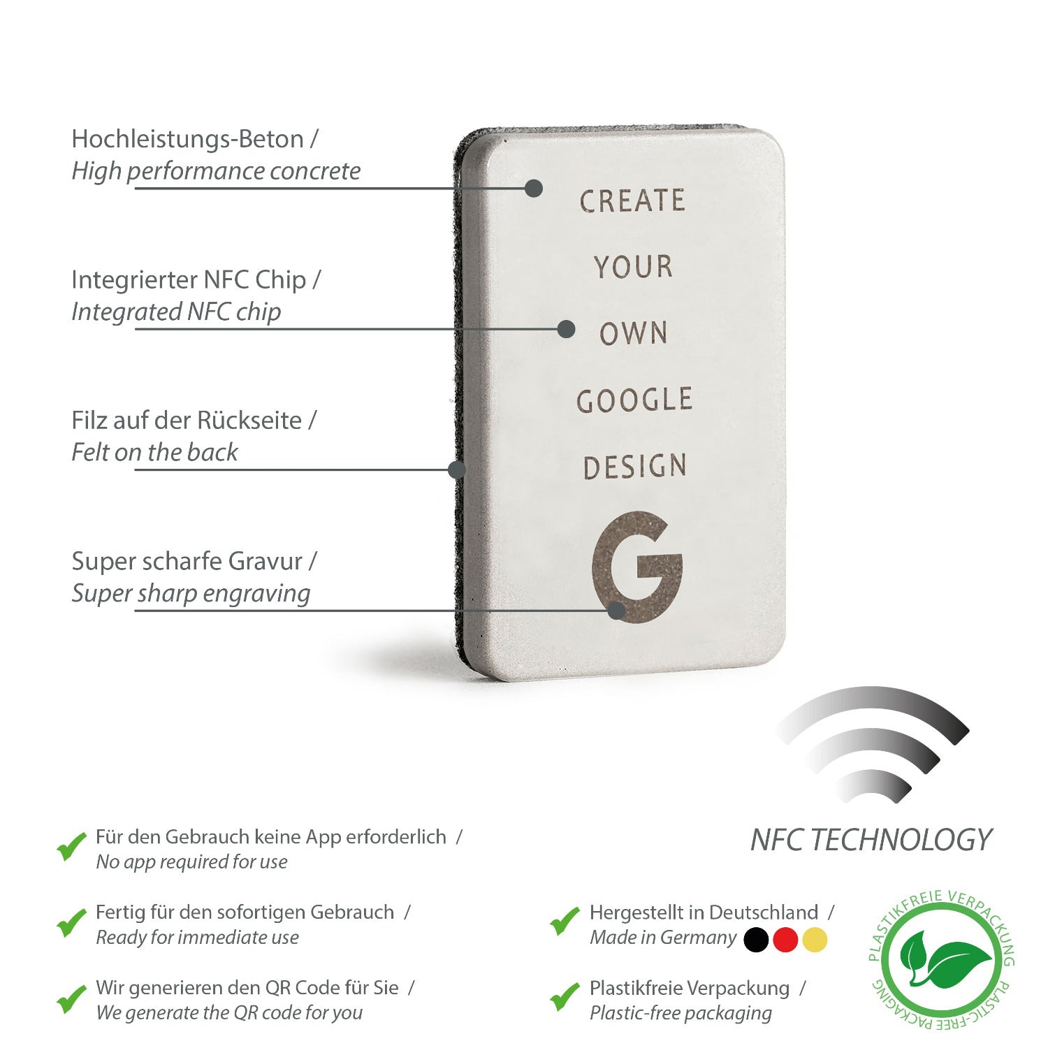 Umfassende Produktübersicht über die Eigenschaften des NFC Aufstellers von brique, dem Marketingtool aus Beton und Eiche.