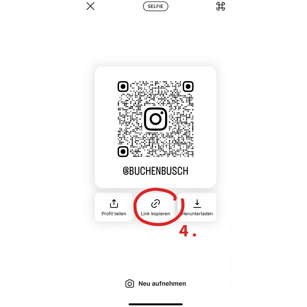 Anleitung, wie Sie den Link zu Ihrem Instagram Profil (mobil) ermitteln. Dieser wird auf dem brique NFC Aufsteller abgespeichert.