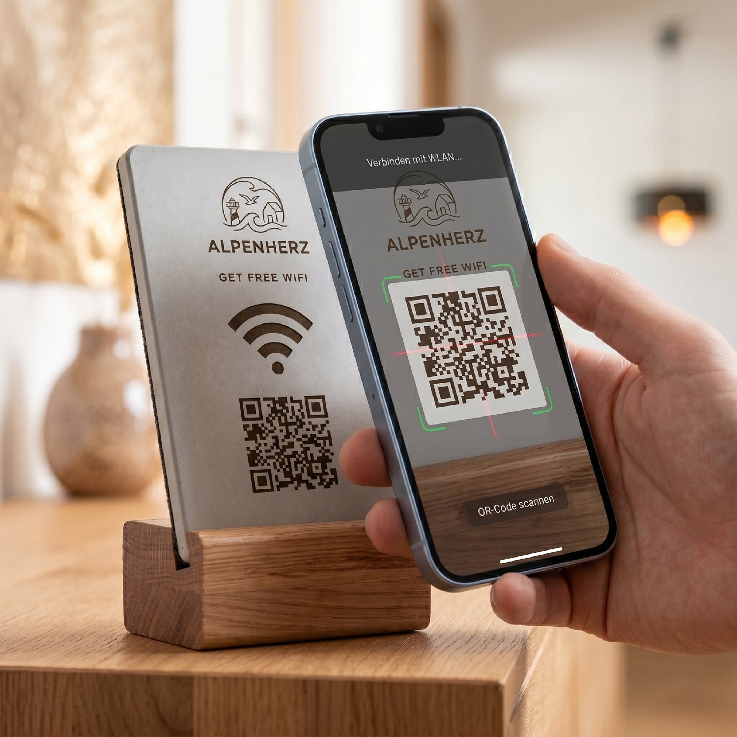 WLAN WIFI Aufsteller Large mit QR Code - Solid Oak - mit Ihrem Logo