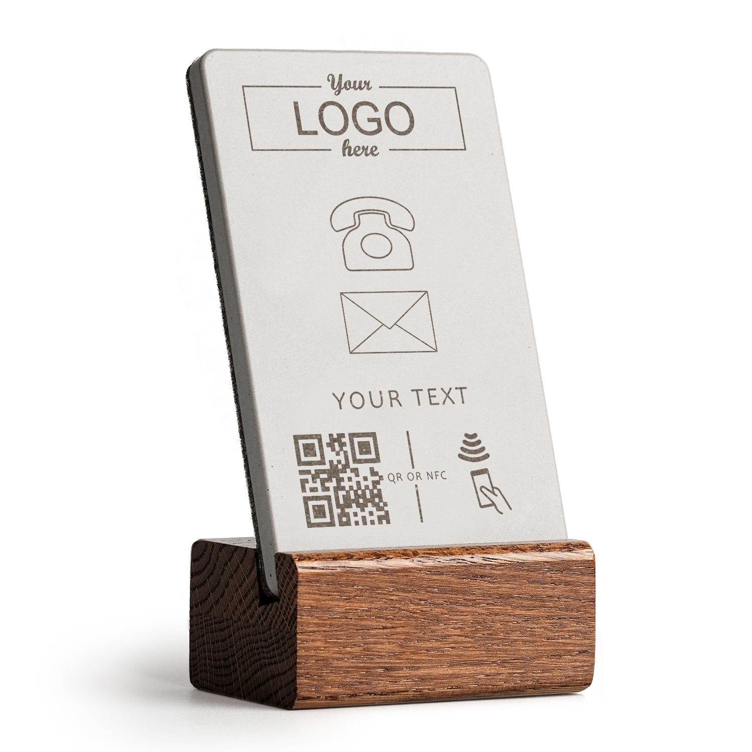 brique NFC Aufsteller mit QR Code digitale Visitenkarte mit Holzfuß aus dunkler Eiche. Personalisierbar mit Ihrem Logo. 