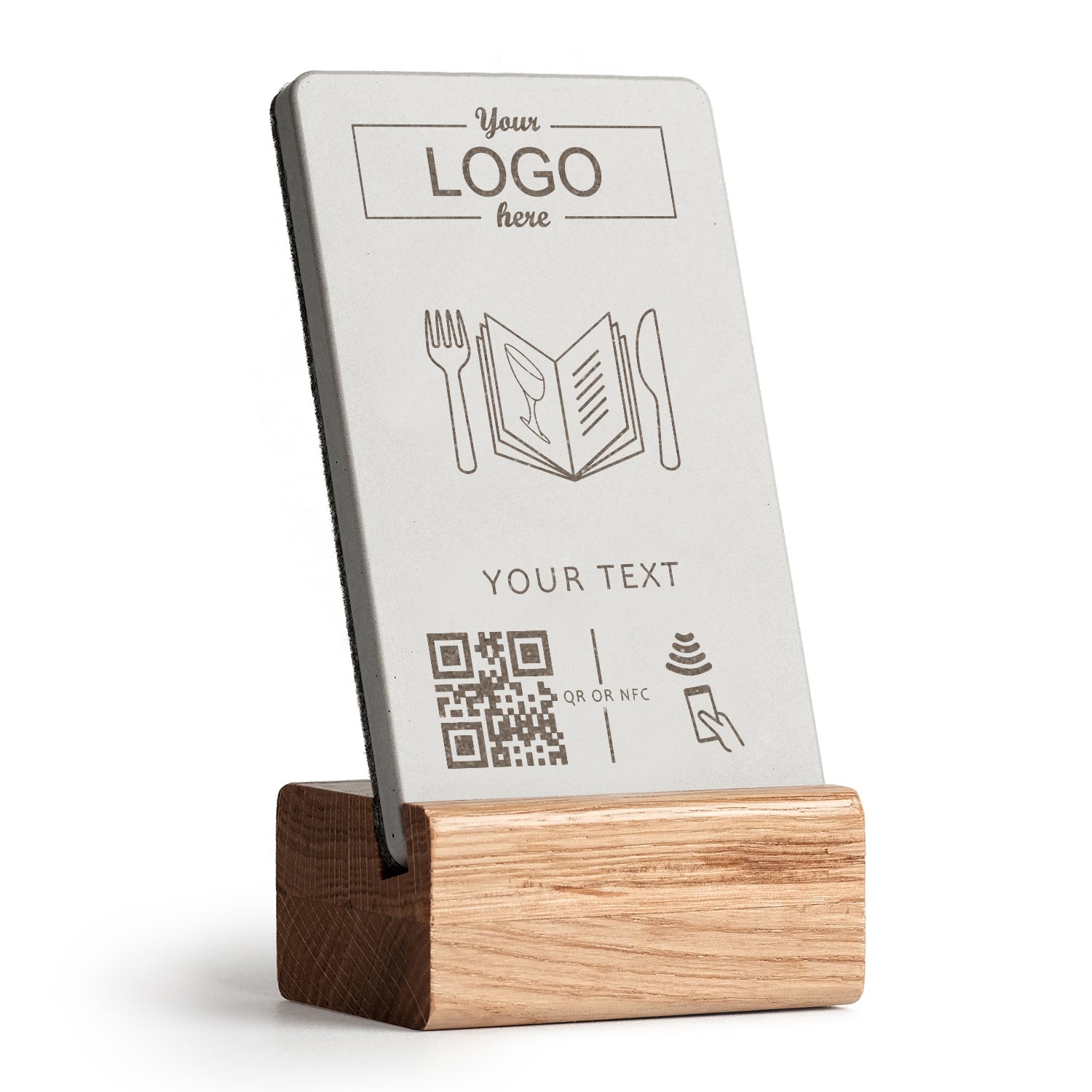 brique NFC Aufsteller mit QR Code digitale Speisekarte mit Holzfuß aus heller Eiche. Personalisierbar mit Ihrem Logo. 