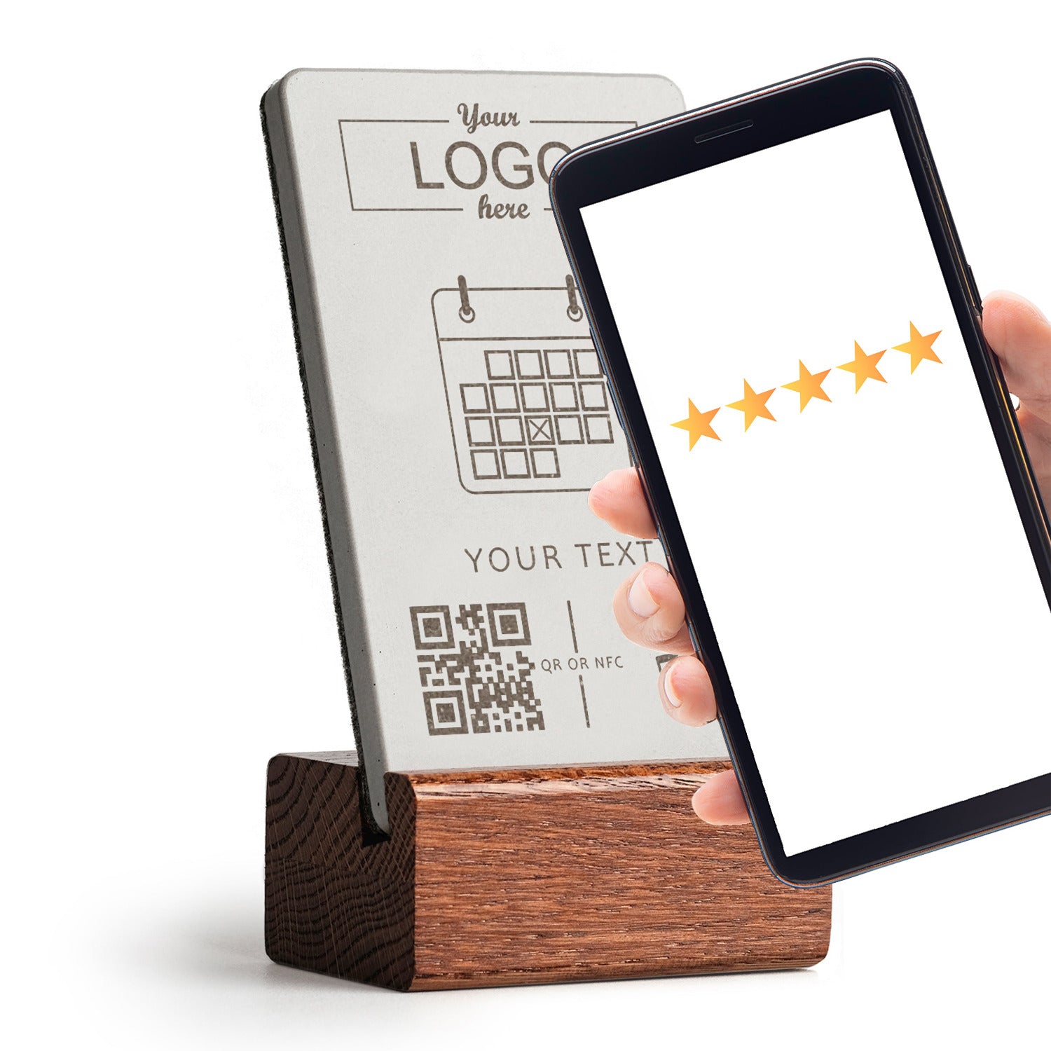 Halten Sie Ihr Handy an den NFC Aufsteller, sofort öffnet sich Ihr Terminkalender. Der Tischaufsteller kann mit Logo personalisiert werden.