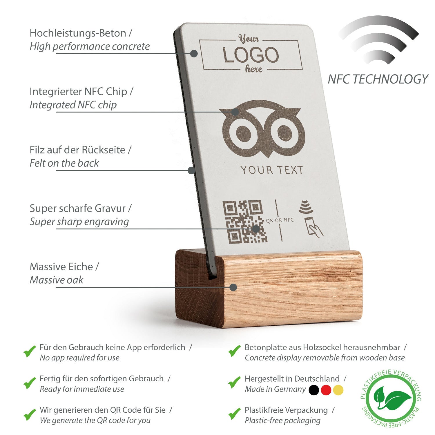 Umfassende Produktübersicht über die Eigenschaften des NFC Aufstellers von brique, dem Marketingtool aus Beton und Eiche.