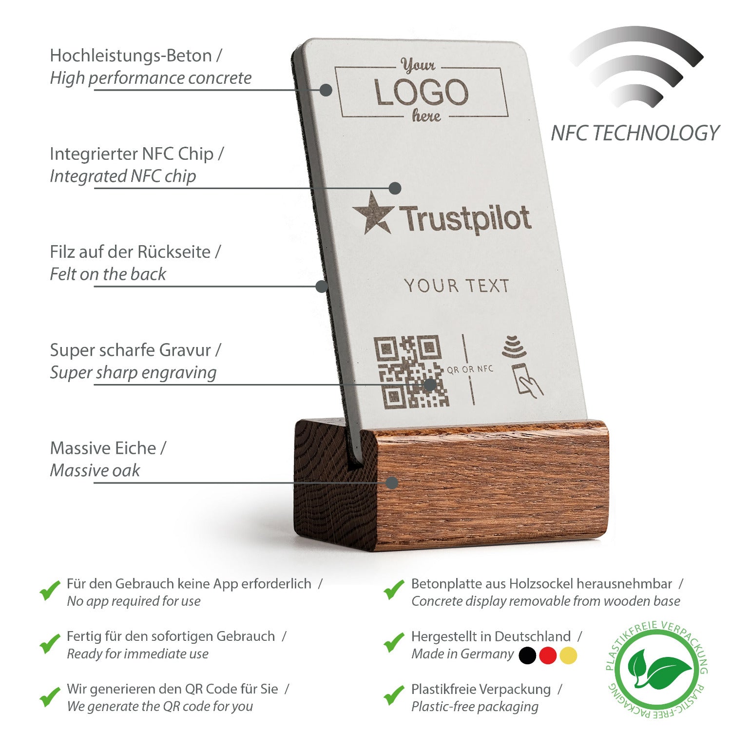 Umfassende Produktübersicht über die Eigenschaften des NFC Aufstellers von brique, dem Marketingtool aus Beton und Eiche.