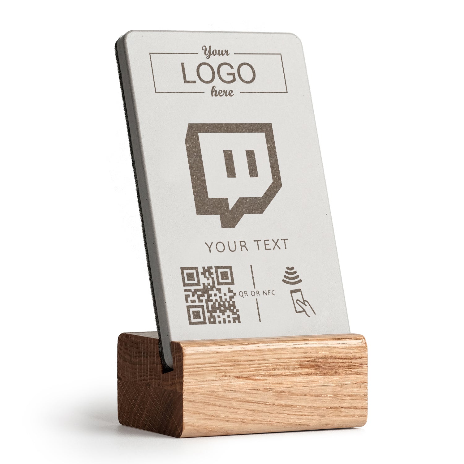 brique NFC Aufsteller mit QR Code Twitch mit Holzfuß aus heller Eiche. Personalisierbar mit Ihrem Logo. 