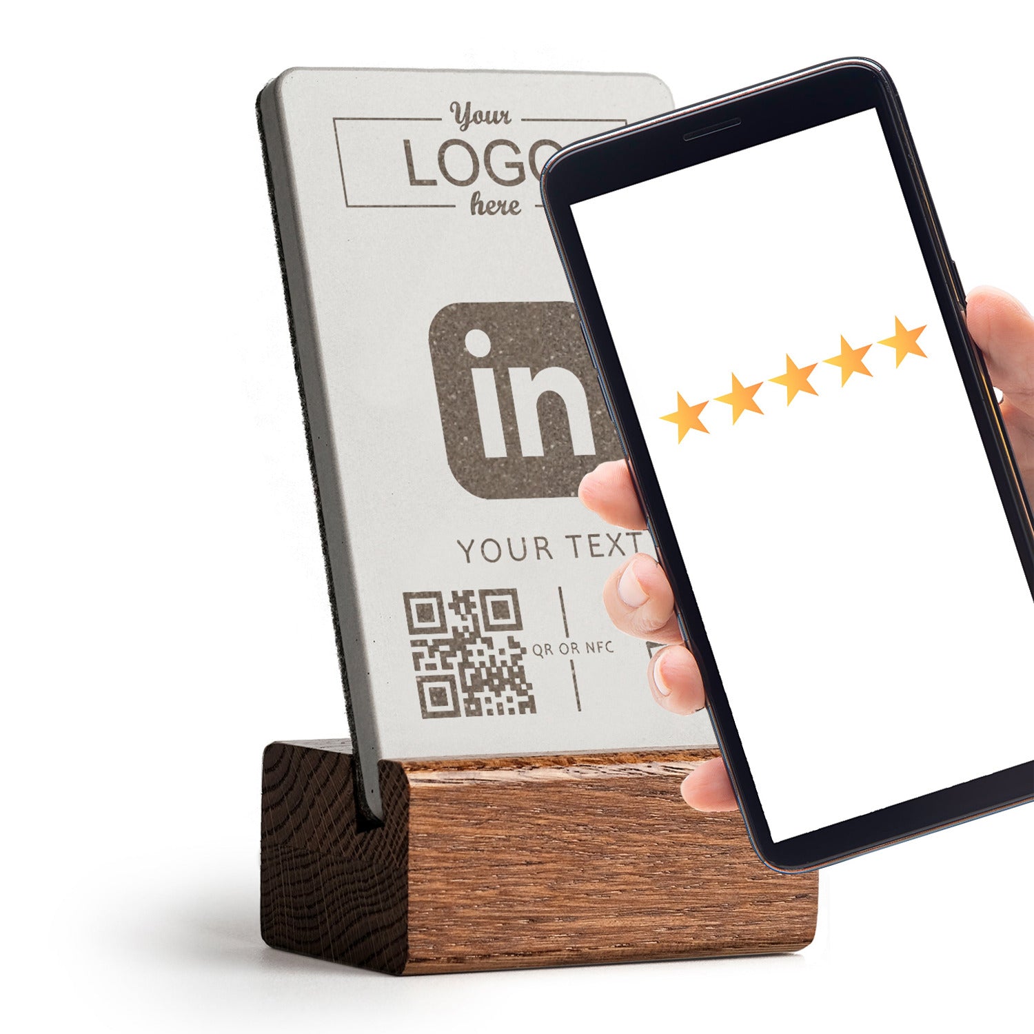 Ihr Smartphone an den brique NFC Aufsteller halten und unmittelbar öffnet sich Ihr LinkedIn Profil. Sie können Ihr Logo integrieren.