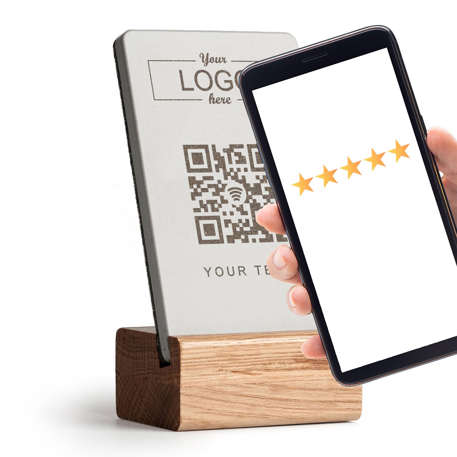 Smartphone an den brique NFC Bewertung Aufsteller halten und es öffnet sich der gespeicherte Link. Der Aufsteller ist individuell gestaltbar. 
