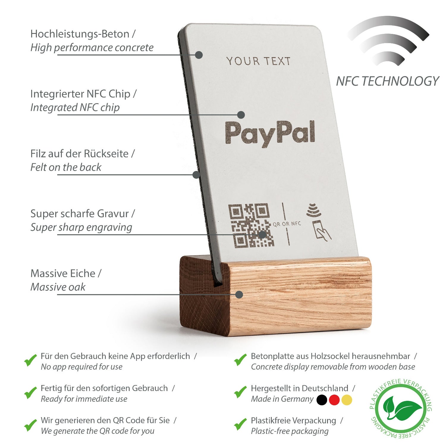 Umfassende Produktübersicht über die Eigenschaften des NFC Aufstellers von brique, dem Marketingtool aus Beton und Eiche.
