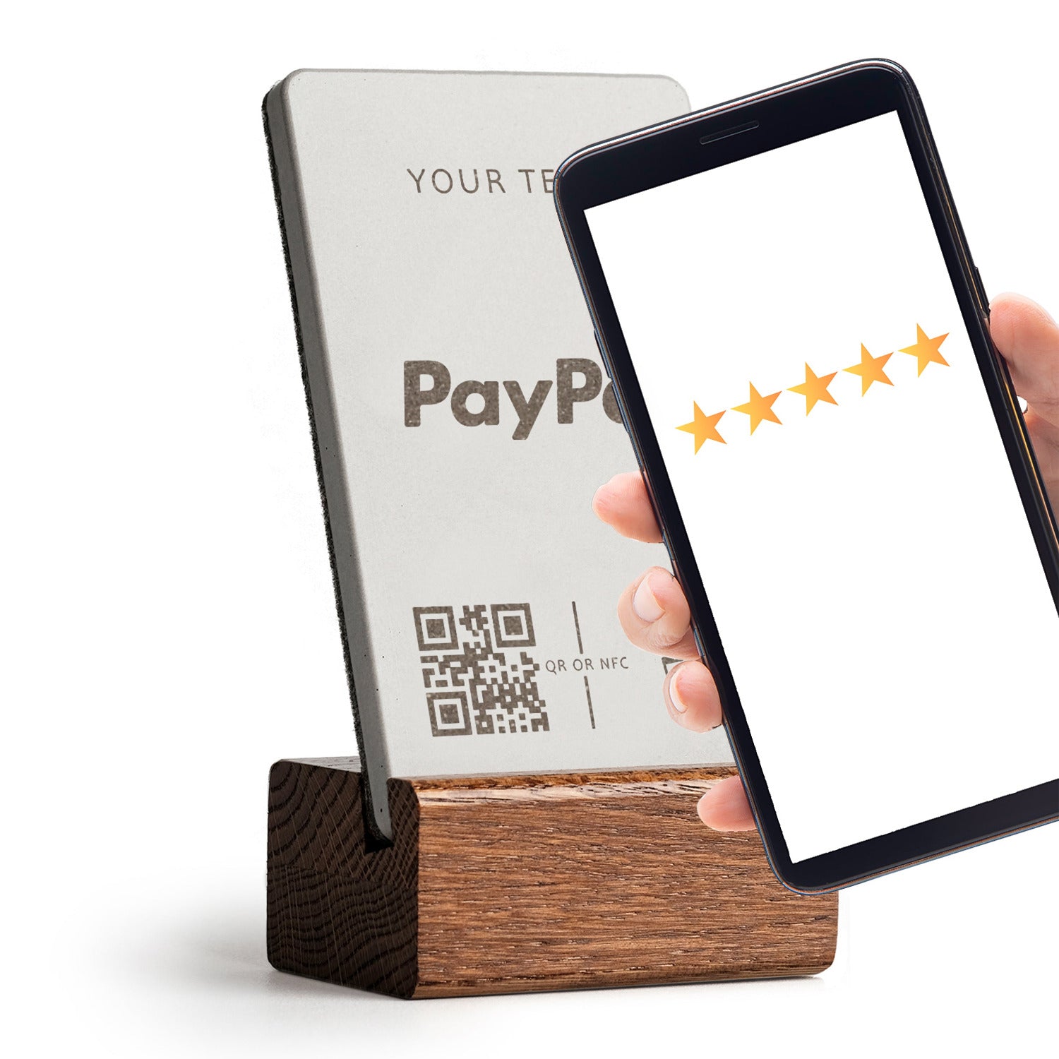 Ihr Smartphone an den brique NFC Aufsteller halten und unmittelbar öffnet sich Ihr PayPal Kontakt. Mit Holzfuß aus dunkler Eiche.