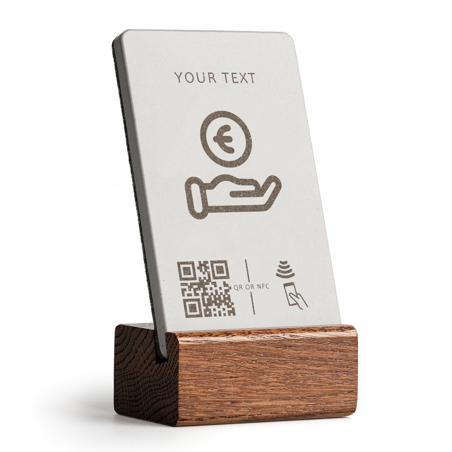 brique NFC Aufsteller mit QR Code Trinkgeld mit Holzfuß aus dunkler Eiche. 