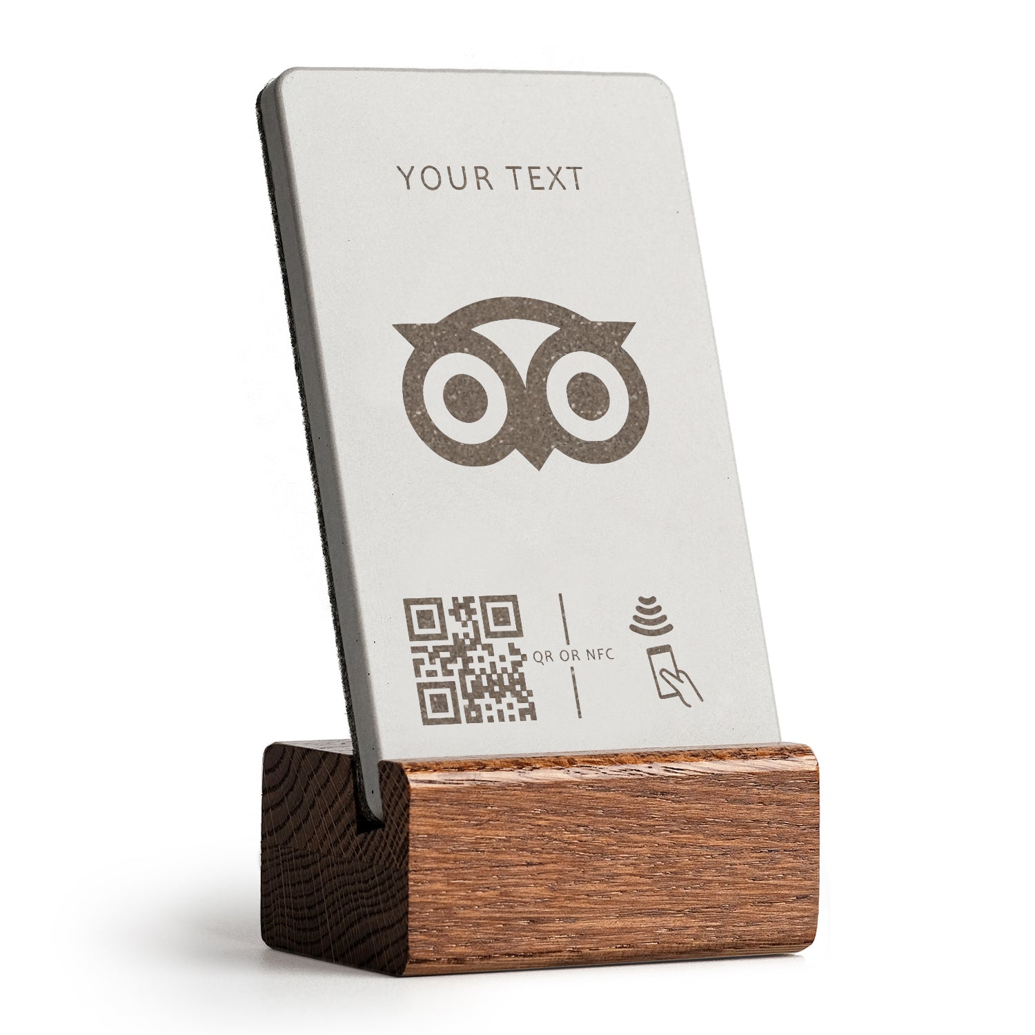 brique NFC Aufsteller mit QR Code Tripadvisor mit Holzfuß aus dunkler Eiche. 