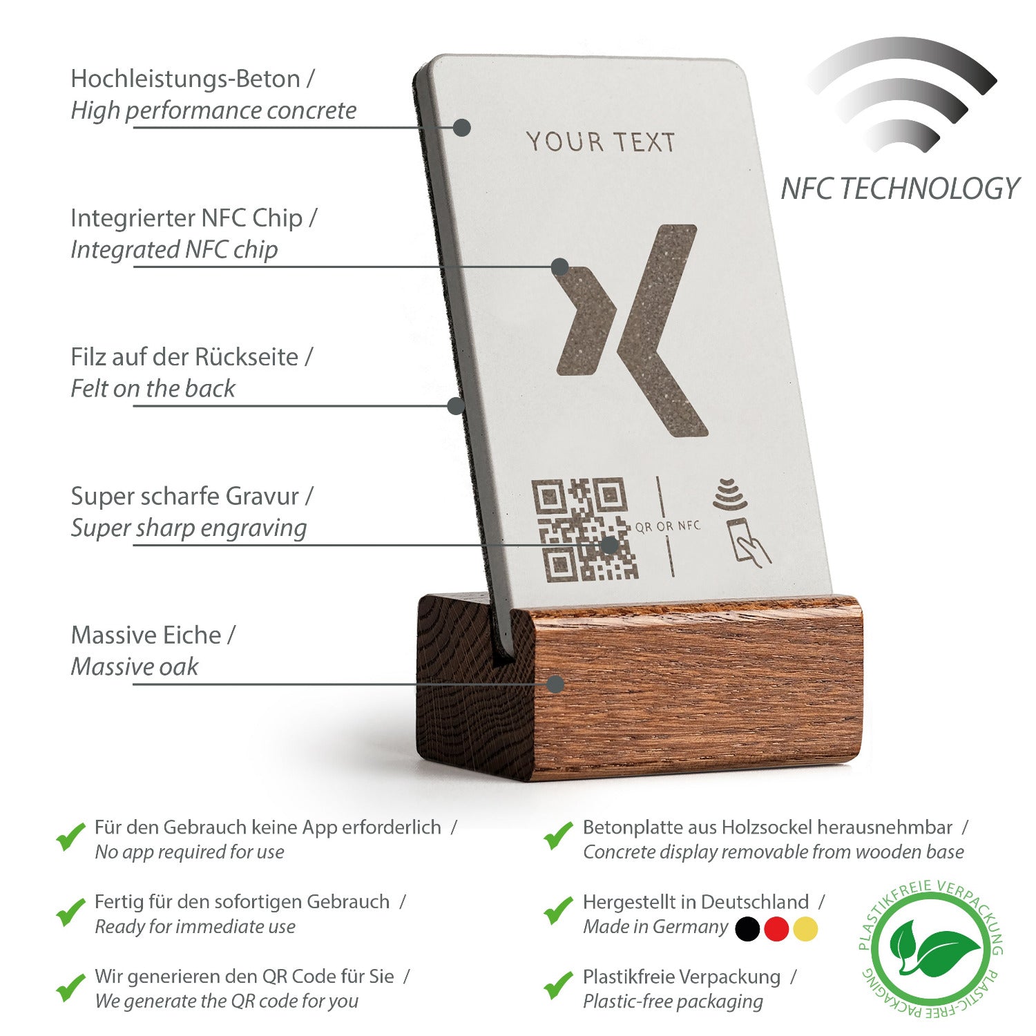 Umfassende Produktübersicht über die Eigenschaften des NFC Aufstellers von brique, dem Marketingtool aus Beton und Eiche.