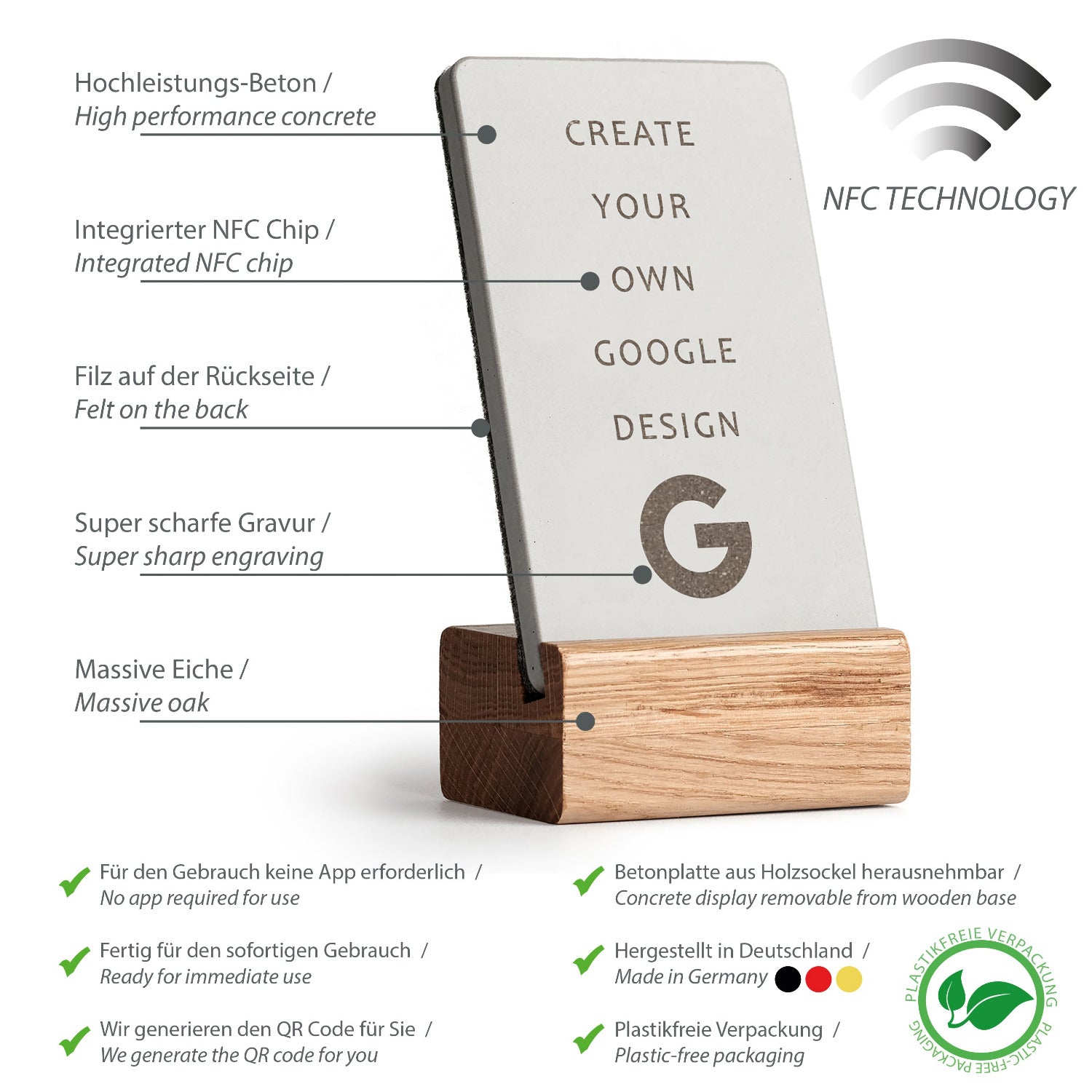 Umfassende Produktübersicht über die Eigenschaften des NFC Aufstellers von brique, dem Marketingtool aus Beton und Eiche.