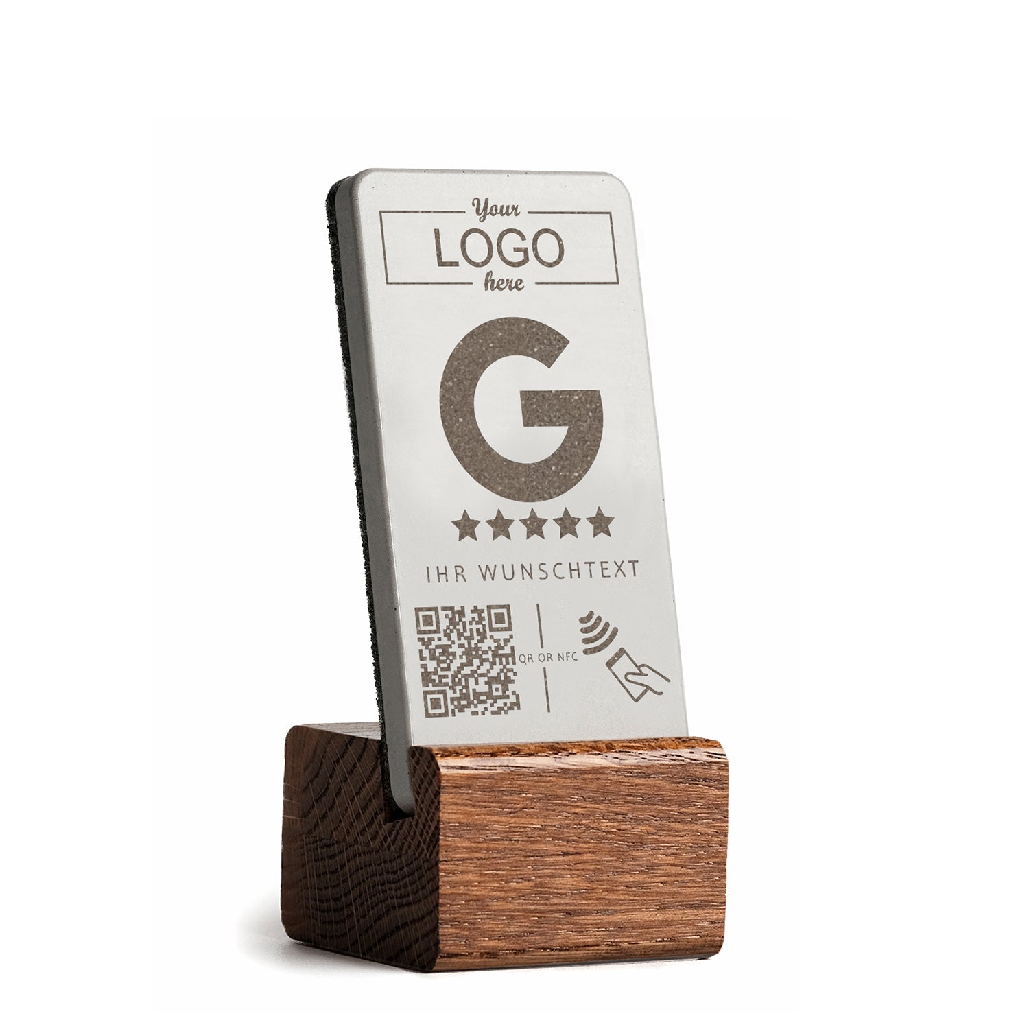 Der Google NFC Bewertung Aufsteller mit dunklem Eichensockel ist mit Ihrem Logo personalisierbar. 