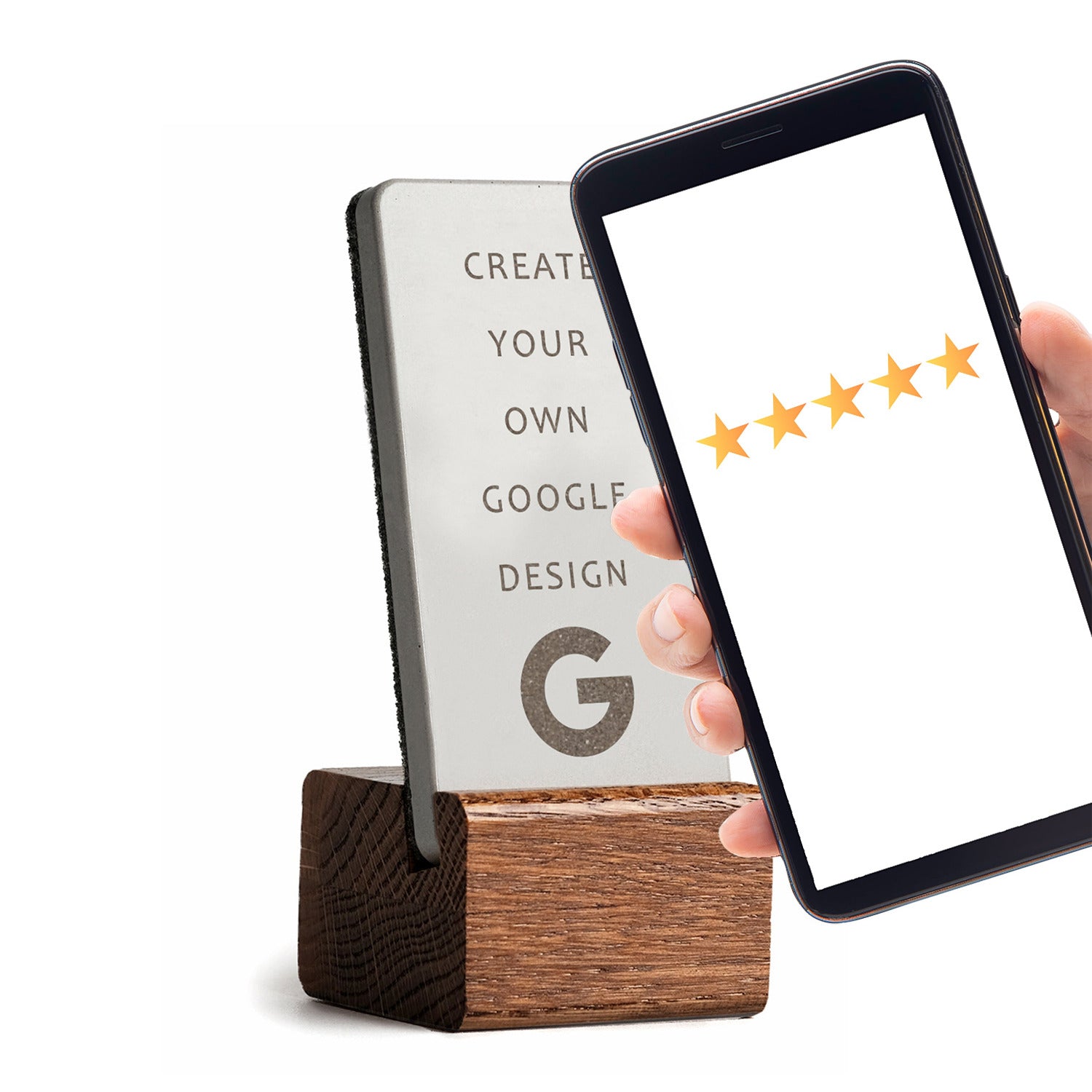 Der Google NFC Bewertung Aufsteller mit dunklem Eichensockel leitet direkt zu Ihrer Google Review Page.